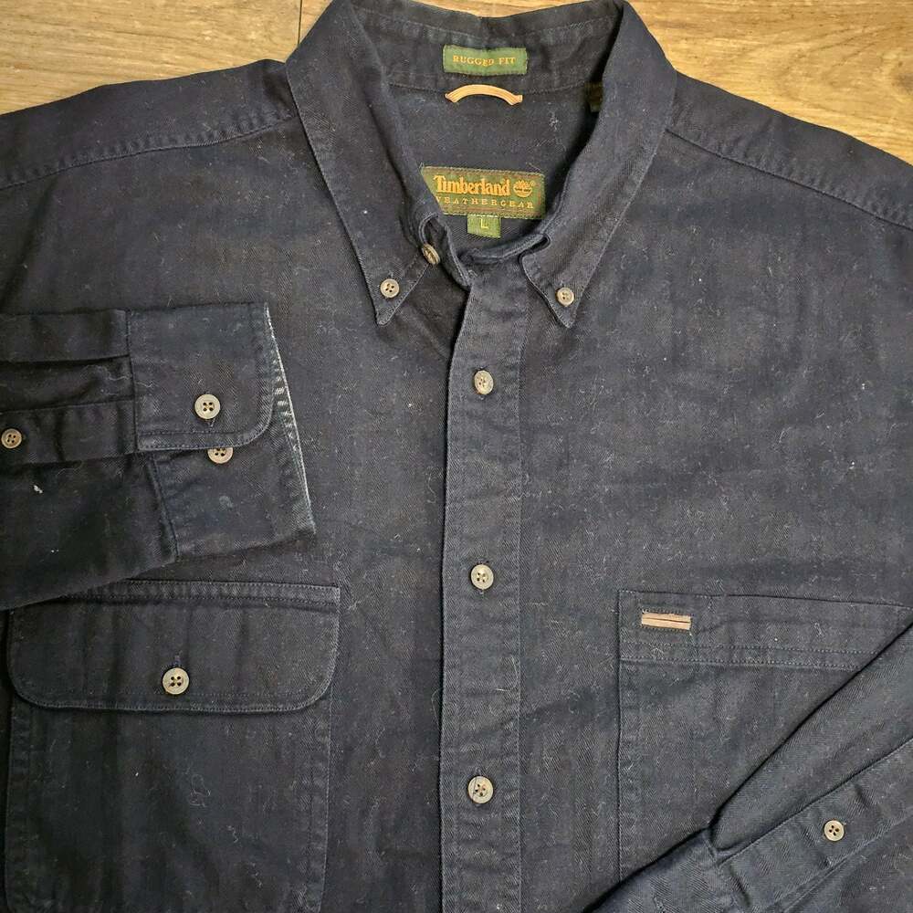 Timberland Weathergear Rugged Fit Shirt Mens L Navy Herringbone Workwear Cotton